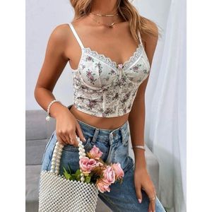 LUXE Cottage Floral Bustier Corset Lace Cami Croptop - BEIGE